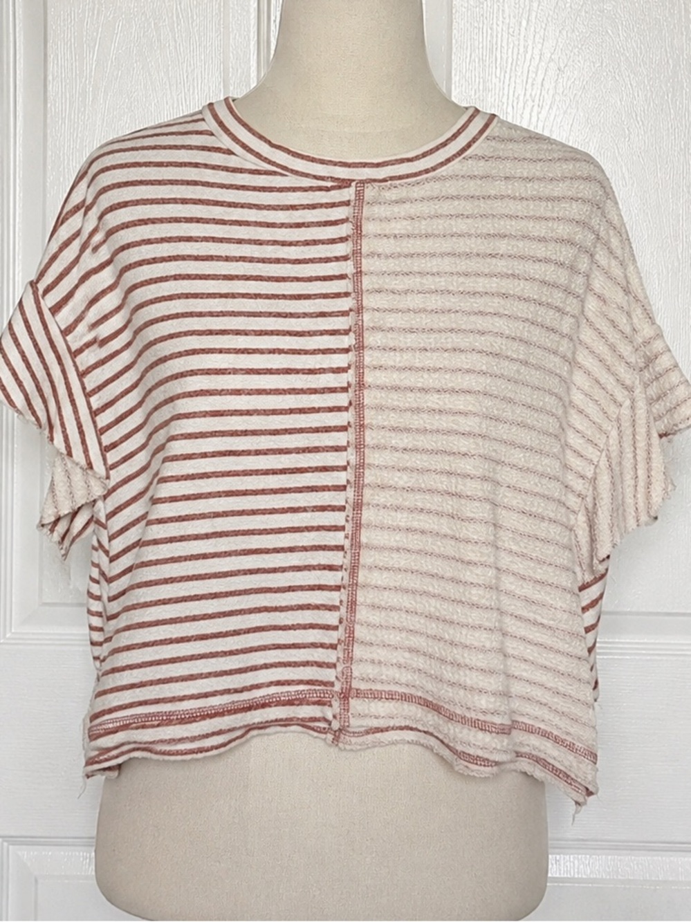 Shop Stevie Blush and White Striped Ruffle Sleeve Crop Top